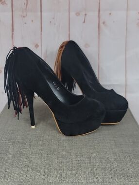 Black Suede Fringe Platform Pumps - Women Shoes